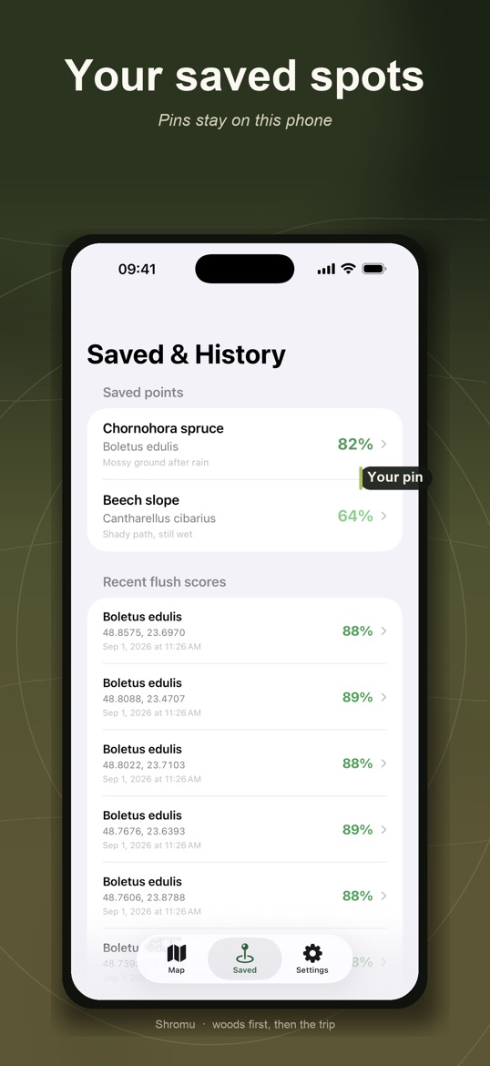 Saved spots and history list
