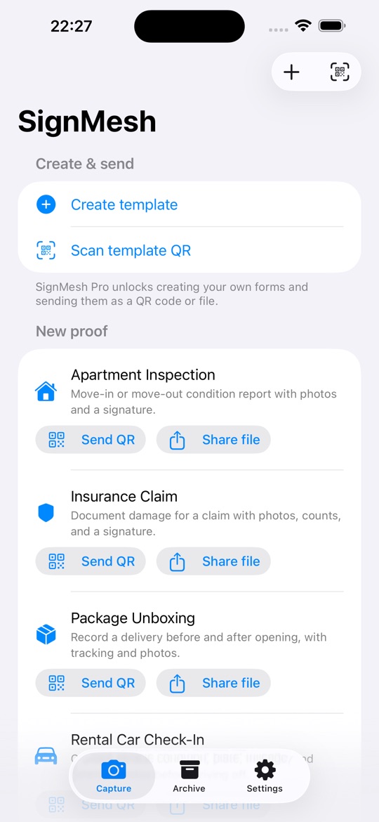 Home screen with templates: apartment inspection, insurance claim, package unboxing and rental car check-in