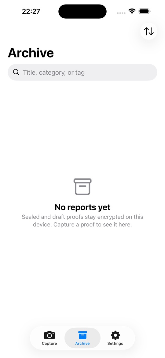 Archive screen with no reports yet